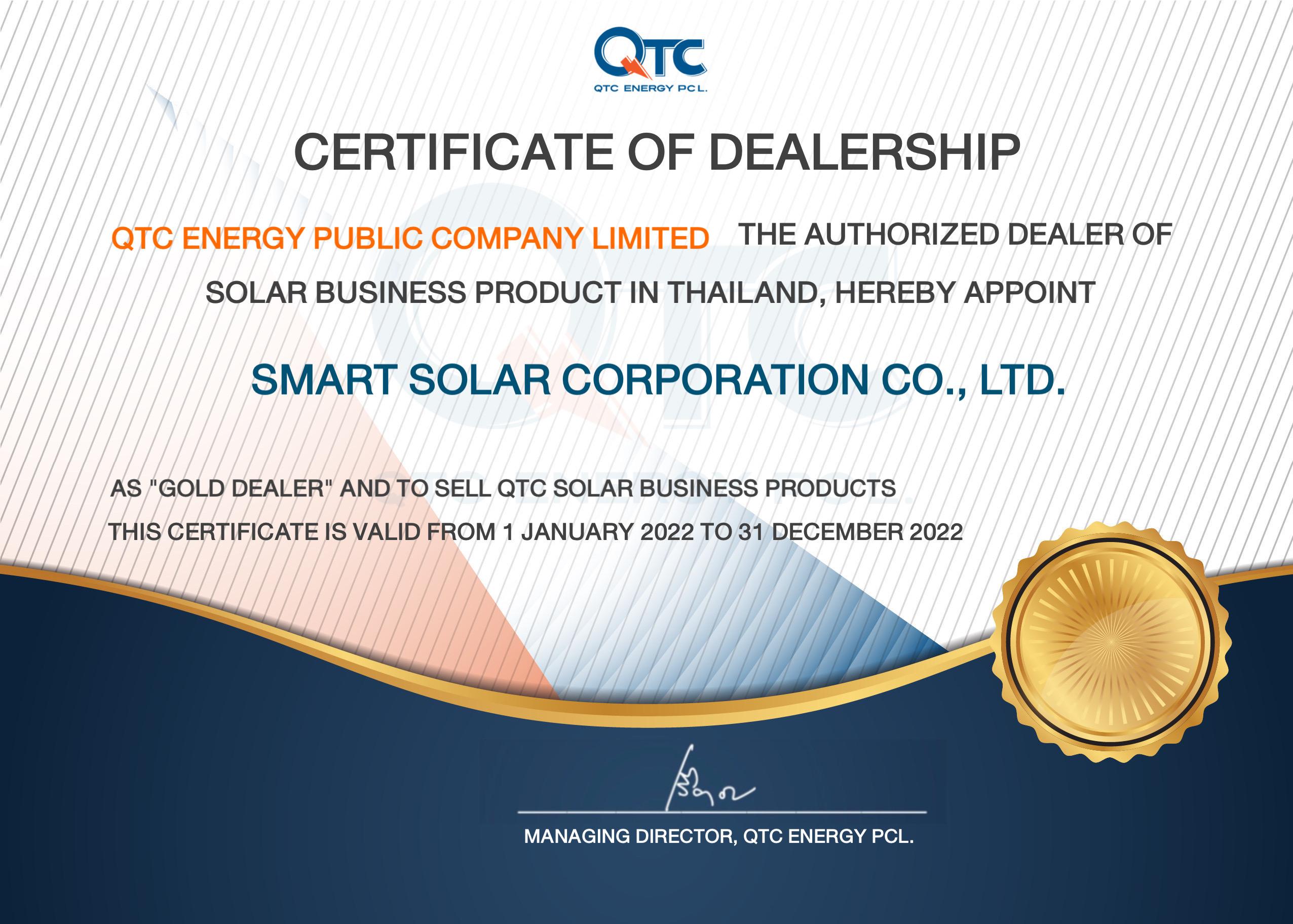 ใบรับรองตัวแทนจำหน่าย QTC Energy - Gold Dealer สำหรับ Smart Solar Corporation